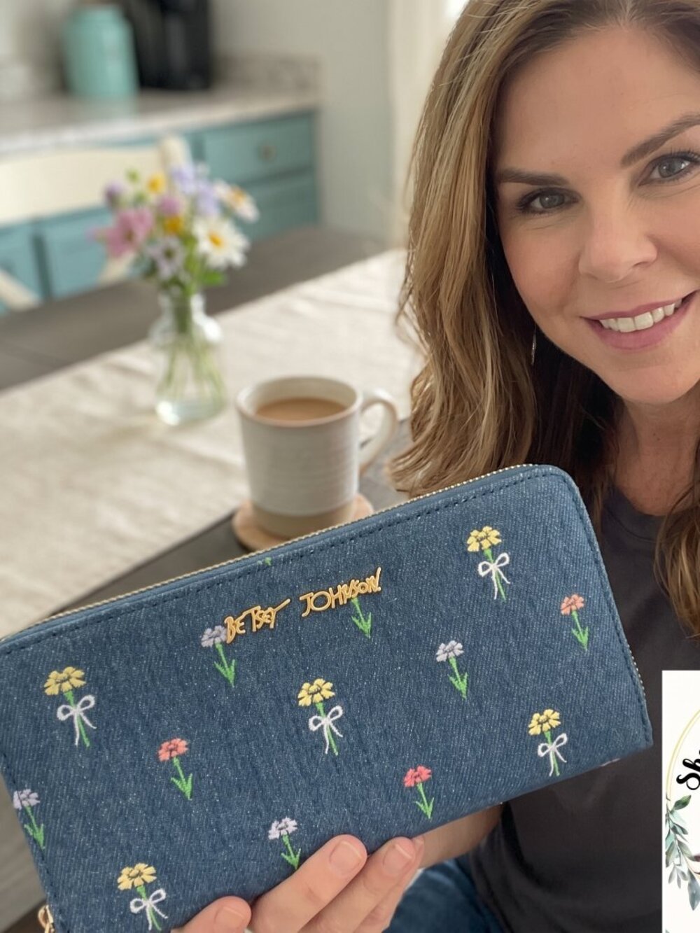 💙🌸✨ Betsey Johnson Blue Denim Floral Wristlet – Embroidered Zip Wallet